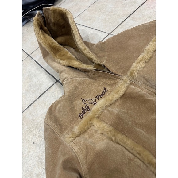 Baby Phat Tan Suede Faux Fur Shearling Jacket Zip Split Hood Vintage Y2K Womens - Picture 3 of 6